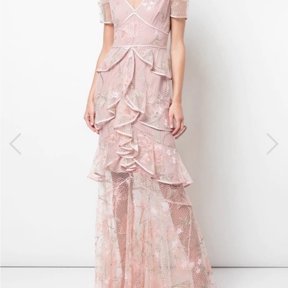 Marchesa Notte Tiered Ruffle Floral Lace Gown - Picture 2 of 6